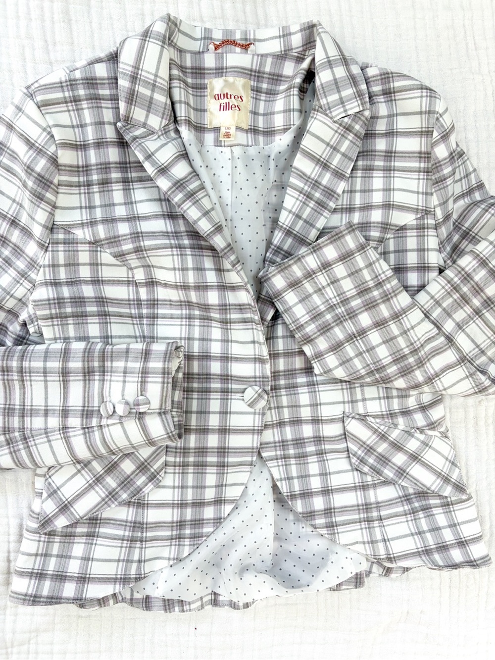Autres Filles Plaid Blazer Jacket Gray Lavender Polka Dot Lined L